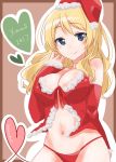  2017 alternate_hairstyle arm_behind_back babydoll border breasts brown_background brown_border christmas cleavage closed_mouth commentary darjeeling detached_sleeves eyebrows_visible_through_hair fur-trimmed_sleeves fur_trim girls_und_panzer hair_down hand_in_hair hat heart highres hinase_(twoxout) lingerie long_hair looking_at_viewer medium_breasts navel panties red_hat red_panties santa_costume santa_hat sitting smile solo string_panties twitter_username underwear upper_body 