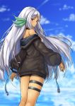  azur_lane bangs black_shorts blue_sky blurry blurry_background blush breasts brown_jacket closed_mouth cloud cloudy_sky commentary_request dark_skin day depth_of_field eyebrows_visible_through_hair facial_mark forehead_mark jacket long_hair long_sleeves looking_at_viewer looking_back massachusetts_(azur_lane) medium_breasts native_american off_shoulder outdoors parted_bangs pensuke puffy_long_sleeves puffy_sleeves red_eyes short_shorts shorts silver_hair sky sleeves_past_wrists solo standing very_long_hair 