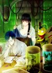  2boys ashisogi_jizou bad_id bad_pixiv_id banana black_hair blanket bleach blue_hair bookshelf bottle breasts bug cleavage clock closed_eyes collarbone cup father_and_daughter food fruit grey_eyes highres insect kurotsuchi_mayuri kurotsuchi_nemu large_breasts long_hair moth moth_wings multiple_boys papers pen robe ronisuke skeleton syringe tray white_skin wings 