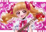  :d aisaki_emiru bangs blunt_bangs blush bow brown_hair cokata dress eyebrows_visible_through_hair guitar hair_bow heart heart_background heart_pattern hugtto!_precure instrument long_hair open_mouth pink_background pink_bow precure red_eyes short_sleeves smile solo sparkle twintails upper_body 