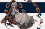  absurdres banner blue_bow bow braid closed_eyes commentary_request crescent crescent_moon_pin flower hat highres long_hair own_hands_together paper patchouli_knowledge purple_hair red_bow simple_background sunflower touhou twin_braids very_long_hair zhixie_jiaobu 