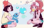  bangs baseball_cap beanie black_vest black_wristband blush bubble bubble_blowing chewing_gum cutoffs denim denim_shorts flat_chest green_shorts hat long_hair looking_at_another mizuki_(pokemon) mu_acrt multiple_girls open_mouth pokemon pokemon_(game) pokemon_bw pokemon_sm ponytail popplio seiza shirt short_hair shorts simple_background sitting sitting_on_lap sitting_on_person smile squatting tied_shirt touko_(pokemon) vest 