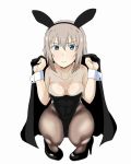  animal_ears aqua_eyes bangs bare_arms bare_shoulders black_footwear black_legwear black_leotard breasts breasts_apart bunny_ears bunnysuit closed_mouth collarbone colored_eyelashes commentary covered_navel covering eyebrows_visible_through_hair fake_animal_ears fine_fabric_emphasis frown full_body girls_und_panzer high_heels highleg highleg_leotard itsumi_erika leotard long_hair looking_at_viewer medium_breasts nana_(manaita_koumuten) pantyhose silver_hair simple_background solo squatting strapless strapless_leotard sweatdrop v-shaped_eyebrows white_background wrist_cuffs 