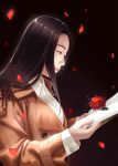  alexiel_(pixiv6211566) asian black_background black_eyes black_hair brown_jacket commentary_request flower highres jacket long_hair office_lady original petals profile realistic rose shirt solo upper_body white_shirt 
