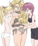  :d aqua_eyes ass ass_grab ayla_(chrono_trigger) bike_shorts blonde_hair blush bra breasts chrono_trigger commentary_request girl_sandwich green_eyes groin long_hair looking_back lucca_ashtear marle multiple_girls open_mouth panties ponytail profile s-a-murai sandwiched short_hair smile sports_bra sweatdrop topless underwear underwear_only wavy_mouth white_panties yuri 