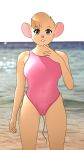  2018 anthro big_breasts blue_eyes breasts buffbumblebee_(artist) clothed clothing digital_drawing_(artwork) digital_media_(artwork) eyebrows eyelashes female front_view fur hair hi_res looking_at_viewer mammal mouse one-piece_swimsuit outside rodent sea sky small_breasts smile solo standing swimsuit teeth water 