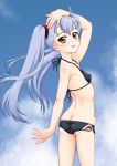  arm_up armpits ass bikini black_bikini black_swimsuit blue_hair breasts brown_eyes butt_crack cloud commentary_request covered_nipples day from_behind fuji_shinobu hand_on_own_head highres hoshino_ruri kidou_senkan_nadesico long_hair looking_back outdoors sideboob sky small_breasts smile solo swimsuit twintails 