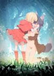  2girls after_kiss animal_ears bangs big_bad_wolf_(grimm) black_hair blonde_hair blunt_bangs blush boots breasts capelet coat day eye_contact face-to-face face_grab frilled_skirt frills green_eyes hair_between_eyes hands_on_another&#039;s_face height_difference highres hood hooded_capelet kneeling layered_skirt little_red_riding_hood little_red_riding_hood_(grimm) long_hair looking_at_another multiple_girls naked_coat navel nipples no_pussy nose_blush nude open_clothes open_coat open_mouth outdoors personification petticoat red_eyes red_footwear red_hood red_skirt saliva saliva_trail skirt small_breasts standing tail tiptoes tongue tongue_out tree wolf_ears wolf_girl wolf_tail yamadori_enka yuri 
