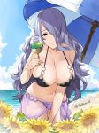  beach beach_umbrella bikini blue_sky breasts camilla_(fire_emblem_if) cleavage closed_mouth cloud commentary cup day drinking_glass fire_emblem fire_emblem_heroes fire_emblem_if flower hair_over_one_eye highres holding holding_cup j@ck large_breasts lips long_hair o-ring o-ring_bikini purple_eyes purple_hair sarong see-through sky solo sunflower swimsuit thighs twitter_username umbrella water 