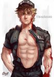  abs baseball_cap blonde_hair blood blood_on_face bloody_clothes closed_mouth hat hataraku_saibou killer_t_(hataraku_saibou) looking_at_viewer lucha_cha male_focus military military_uniform muscle open_clothes open_shirt pectorals short_sleeves solo uniform yellow_eyes 