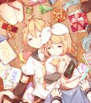  2boys 3girls ahoge anniversary aqua_hair arms_around_back bass_clef birthday blanket blonde_hair box covering_with_blanket crayon detached_sleeves drawing dress eyes_closed from_above gift gift_box gift_wrapping hair_ornament hair_ribbon hairclip hat hatsune_miku highres holding holding_gift kagamine_len kagamine_rin kaito kneeling lying megurine_luka meiko multiple_boys multiple_girls nail_polish necktie on_back paper_chain party_hat ribbon sailor_collar sailor_dress sazanami_(ripple1996) shoulder_tattoo siblings sleeping star tattoo twins vocaloid wooden_floor 