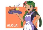  ;d apron bangs bendy_straw black_dress blush breasts cup dress drink drinking_glass drinking_straw flower food green_eyes green_hair hair_flower hair_ornament hamburger hand_on_hip holding holding_tray long_hair looking_at_viewer low_twintails maid_apron mao_(pokemon) natsunagi_takaki one_eye_closed open_mouth pink_flower pokemon pokemon_(game) pokemon_sm puffy_short_sleeves puffy_sleeves short_sleeves small_breasts smile solo swept_bangs tray twintails upper_teeth very_long_hair waitress white_apron 