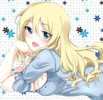  alternate_hairstyle arm_grab bangs blue_shirt blush breasts chin_rest circle cleavage commentary_request darjeeling eyebrows_visible_through_hair girls_und_panzer hair_down highres hinase_(twoxout) long_hair looking_at_viewer lying medium_breasts on_stomach open_mouth partial_commentary polka_dot polka_dot_background shirt short_sleeves smile solo 