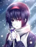 bad_id bad_pixiv_id bag black_eyes black_hair blue_coat blue_sweater bow grey_scarf hair_between_eyes hairband holding holding_bag little_busters! morizono_shiki night nishizono_mio open_mouth outdoors purple_bow red_hairband scarf short_hair snowing solo sweater upper_body 