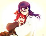  :d abarai_ichika bad_id bad_pixiv_id bleach haori hug japanese_clothes kimono kuchiki_rukia long_hair mother_and_daughter multiple_girls one_eye_closed open_mouth ponytail purple_eyes purple_hair red_hair ronisuke signature smile spiked_hair taichou_haori white_background 