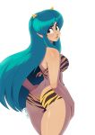  alien animal_print aqua_eyes aqua_hair ass bikini breasts butt_crack cowboy_shot from_behind highres lips long_hair looking_at_viewer looking_back lum medium_breasts oni_horns parted_lips pointy_ears sidelocks signature simple_background smile solo swimsuit tovio_rogers urusei_yatsura very_long_hair white_background 