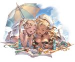  almeida_(granblue_fantasy) alpha_transparency bangs barefoot beach_umbrella bikini black_bikini blonde_hair blush book bottle bracelet breasts choker cleavage cloud collarbone cooler crystal dark_skin day dolphin_earrings draph earrings flower full_body gradient_hair granblue_fantasy hair_between_eyes hair_flower hair_ornament hat horns io_euclase jewelry large_breasts long_hair lying minaba_hideo multicolored_hair multiple_girls necklace official_art on_stomach open_mouth outdoors pointy_ears red_ribbon ribbon ribbon_choker seashell shell sky smile swimsuit transparent_background twintails umbrella very_long_hair white_hat 