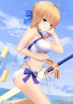 absurdres ahoge artoria_pendragon_(all) artoria_pendragon_(swimsuit_archer) ass bikini blonde_hair blue_bow blue_ribbon blue_sky bow breasts cleavage cloud day excalibur eyebrows_visible_through_hair fate/grand_order fate_(series) green_eyes hair_between_eyes hair_ribbon halterneck hand_in_hair highres leg_up looking_at_viewer mari_(doraerin0) medium_breasts ribbon shiny shiny_hair short_hair sky smile solo standing standing_on_one_leg striped striped_ribbon swimsuit tied_hair water_gun white_bikini 
