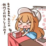  &gt;_&lt; 1girl :d bangs blue_shirt blush book_stack character_name chibi closed_eyes clothes_writing commentary_request eyebrows_visible_through_hair flat_cap hair_between_eyes hana_kazari hat hataraku_saibou light_brown_hair long_hair open_mouth platelet_(hataraku_saibou) price_tag shirt short_sleeves smile solo table translation_request very_long_hair white_background white_hat xd 