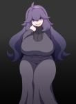  1girl @_@ ahoge breasts creatures_(company) curvy dress game_freak gradient gradient_background hairband hex_maniac_(pokemon) huge_breasts long_dress long_hair looking_at_viewer magure_senshi nintendo open_mouth pokemon pokemon_(game) purple_eyes purple_hair simple_background smile solo turtleneck 