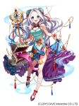  absurdres akiru_(hokuouhuuhu) aqua_dress blue_eyes breasts bun_cover cleavage double_bun dress floral_print full_body gothic_wa_mahou_otome heart_cutout highres holding holding_staff jewelry long_hair looking_at_viewer medium_breasts mimic mimic_chest official_art silver_hair skirt_hold solo staff standing standing_on_one_leg tassel tongue tongue_out very_long_hair watermark 