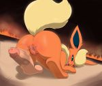  2018 anus ass_up blonde_hair blue_eyes blush butt butt_blush cewljoke clitoris dark_background detailed_background dildo eeveelution female feral fire flareon fur gaping gaping_pussy hair head_down hi_res inner_ear_fluff looking_pleasured masturbation nintendo nude one_eye_closed orange_fur orgasm pok&eacute;mon pok&eacute;mon_(species) presenting pussy sex_toy signature smile solo tongue tongue_out video_games 