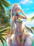  accessories altera_(fate) altera_the_santa bare_shoulders bikini black_nails breasts choker coconut_tree collar dark_skin fate/grand_order fate_(series) fingernails fluffy full_body_tattoo green_ribbon hair_ribbon hokori_sakuni leg_tattoo long_hair looking_at_viewer nail_polish palm_tree ponytail red_eyes ribbon see-through see-through_sleeves sheep silver_hair small_breasts solo stomach_tattoo swimsuit tattoo tree very_long_hair 