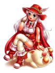  :d aqua_eyes blush boots bracelet cape crossed_legs final_fantasy final_fantasy_iii hand_up hat hat_ornament high_heel_boots high_heels jewelry long_hair lying moogle moriichi on_stomach open_mouth red_cape red_footwear red_hat red_mage red_skirt sidelocks simple_background sitting skirt smile unconscious very_long_hair white_hair white_legwear 