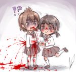  2girls aosora_(mizore) blood blood_from_mouth blood_on_face blood_on_ground bloody_clothes bow brown_eyes brown_footwear brown_hair knife knifed leg_up long_sleeves multiple_girls open_mouth original red_bow school_uniform serafuku smile stabbed white_legwear 
