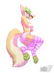  2018 anthro bulge butt canine clothed clothing digital_media_(artwork) fennec fox girly green_eyes green_hair hair legwear looking_at_viewer male mammal panties partially_clothed pinup pose signature simple_background smile solo stockings topless underwear vallhund white_background ziggy_zerda 