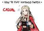  blonde_hair blue_eyes cape controller cravat edelgard_von_hresvelgr_(fire_emblem) fire_emblem fire_emblem:_fuukasetsugetsu game_console game_controller gloves gzei hair_ornament handheld_game_console holding joy-con long_hair nintendo nintendo_switch playing_games simple_background smile uniform white_background 