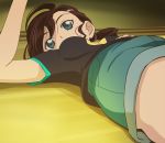  black_shirt blue_eyes blue_shorts breasts brown_hair gegege_no_kitarou hair_ornament hairclip haruyama_kazunori hidden_mouth inuyama_mana looking_at_viewer lying on_back shirt short_hair short_sleeves shorts solo 