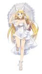  :d alberta_wedemeyer asymmetrical_bangs bangs bare_shoulders blonde_hair blue_eyes breasts cleavage flower formation_girls full_body goggles_around_arm hair_flower hair_ornament hair_ribbon highres holding holding_umbrella kazune_(baumkuchen) large_breasts long_hair looking_at_viewer open_mouth ribbon sandals smile solo swimsuit transparent_background umbrella white_footwear white_swimsuit 