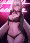  arm_behind_back bangs bikini black_bikini black_choker black_gloves black_jacket blush breasts brick_wall choker cleavage collarbone commentary cowboy_shot cropped_jacket english_commentary eyebrows_visible_through_hair eyes_visible_through_hair fate/grand_order fate_(series) gloves grey_hair groin hair_between_eyes high_collar highres holding_arm jacket jeanne_d'arc_(alter_swimsuit_berserker) jeanne_d'arc_(fate)_(all) kakeku large_breasts legs_together light_trail long_hair long_sleeves looking_at_viewer navel neon_lights night o-ring o-ring_bikini o-ring_bottom o-ring_top open_clothes open_jacket orange_eyes pale_skin parted_lips print_bikini shiny shiny_hair shrug_(clothing) sidelocks signature slit_pupils solo standing stomach swimsuit very_long_hair 