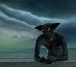  2018 5_fingers anthro black_fur cat digital_media_(artwork) feline fur male mammal nude outside safiru solo standing storm yellow_eyes 