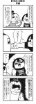  4koma :3 bangs bkub blunt_bangs calimero_(bkub) chakapi clenched_hand closed_eyes comic flying_sweatdrops greyscale hair_ornament hair_scrunchie halftone hands_on_own_face highres honey_come_chatka!! monochrome motion_lines multiple_girls one_eye_closed open_mouth punching scrunchie shaded_face shirt short_hair shouting simple_background smile speech_bubble sweatdrop talking topknot translation_request two-tone_background 