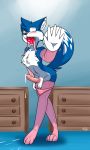  2017 5_fingers anthro ball_gag balls blue_fur blush canid canine caught clothed clothing cum digital_media_(artwork) dipstick_tail first_person_view fox fur gag inner_ear_fluff looking_at_viewer male mammal mostly_nude multicolored_fur multicolored_tail panties penis ryo_(character) ryofox630 signature solo standing sweat teeth two_tone_fur underwear vein white_fur 