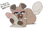  2018 acstlu ambiguous_gender blue_eyes butt canine dialogue disembodied_penis duo english_text half-closed_eyes humanoid_penis looking_at_viewer male male/ambiguous mammal nintendo penis pink_nose pok&eacute;mon pok&eacute;mon_(species) rockruff simple_background text tongue tongue_out video_games white_background 