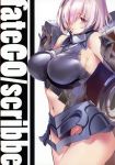  absurdres armor armored_collar armored_dress armpits bangs bare_shoulders blush breasts closed_mouth cover cover_page elbow_gloves eyebrows_visible_through_hair fate/grand_order fate_(series) gloves hair_over_eyes hair_over_one_eye highres large_breasts lips looking_at_viewer marushin_(denwa0214) mash_kyrielight navel_cutout pink_eyes pink_hair scan shield shiny shiny_hair short_hair sideboob simple_background solo thighs white_background 