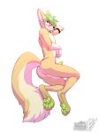  2018 animal_genitalia animal_penis anthro balls butt canine canine_penis digital_media_(artwork) fennec fox green_eyes green_hair hair looking_at_viewer male mammal nude penis pinup pose simple_background smile solo vallhund white_background ziggy_zerda 