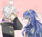  1girl blue_eyes blue_hair blush cape commentary_request couple fire_emblem fire_emblem:_kakusei futtia gloves hood long_hair lucina male_my_unit_(fire_emblem:_kakusei) mamkute my_unit_(fire_emblem:_kakusei) open_mouth short_hair smile tiara translated white_hair 