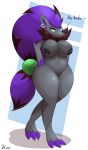  2018 anthro big_breasts breasts canine claws female front_view green_eyes hand_on_hip huge_breasts kinix looking_at_viewer mammal navel nintendo nipples nude piercing pok&eacute;mon pok&eacute;mon_(species) sharp_claws shiny_pok&eacute;mon simple_background solo standing text video_games zoroark 