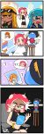  4koma :d ? absurdres barber_pole bare_shoulders black_skirt blonde_hair blue_hair blue_sailor_collar comic crop_top cup domino_mask drinking_straw goggles goggles_on_head hair_ornament highres inkling jellyfish_(splatoon) lkll mask mirror multiple_girls navel octarian octoling open_mouth orange_eyes photo_(object) pointy_ears red_hair sailor_collar sanpaku silent_comic skirt smile speech_bubble splatoon_(series) splatoon_2 splatoon_2:_octo_expansion tentacle_hair thought_bubble 