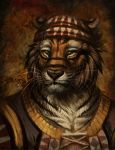  2018 anthro clothed clothing digital_media_(artwork) feline fur green_eyes headshot_portrait hibbary male mammal portrait simple_background solo tiger whiskers 