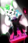  2018 4_fingers anthro balls black_nose blue_fur blue_nose canine cyric_fionn digital_drawing_(artwork) digital_media_(artwork) duo_focus erection fur green_eyes green_hair group hair lock male mammal moobs mouse nude overweight penis plushie plushsuit purple_eyes rodent sexotheque story story_in_description white_fur wolf 