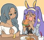  alternate_costume animal_ears black_hair bracelet braid breasts casual cleavage closed_eyes commentary_request dark_skin drinking_straw eating facial_mark fate/grand_order fate_(series) food french_fries glass hamburger headband jewelry looking_at_another multiple_girls nitocris_(fate/grand_order) nu_tarou off-shoulder_shirt open_mouth plate ponytail purple_hair scheherazade_(fate/grand_order) shirt smile 