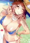  ;) absurdres animal_ear_fluff animal_ears bangle bangs bare_shoulders beach bikini blue_bikini blurry blush bracelet breasts brown_eyes cleavage closed_mouth day eyebrows_visible_through_hair fate/grand_order fate_(series) fingernails fox_ears fox_shadow_puppet hand_on_hip hat highres jewelry large_breasts lips looking_at_viewer marushin_(denwa0214) navel necklace one_eye_closed outdoors pink_hair scan shiny shiny_skin shore side-tie_bikini smile solo straw_hat sun_hat swimsuit tamamo_(fate)_(all) tamamo_no_mae_(swimsuit_lancer)_(fate) water 