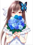  alternate_costume bare_shoulders bouquet brown_hair butterfly_hair_ornament dress flower hagi_(oshiro_project) hair_ornament holding holding_bouquet long_hair looking_at_viewer oshiro_project oshiro_project_re red_eyes rikosyegou rose simple_background solo upper_body wedding wedding_dress white_background white_dress 