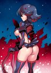  ass blue_eyes blue_hair breasts from_behind from_side frown gloves kill_la_kill matoi_ryuuko medium_breasts miniskirt multicolored_hair red_hair scissor_blade senketsu short_hair sideboob skirt solo streaked_hair thighhighs tsuki_wani two-tone_hair weapon 