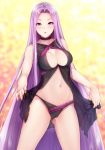  1girl babydoll bangs bare_shoulders black_panties blurry blurry_background blush breasts choker cleavage cleavage_cutout clothes_lift fate/stay_night fate_(series) forehead long_hair looking_at_viewer medium_breasts navel open_mouth panties parted_bangs parted_lips purple_eyes purple_hair rider solo thighs underwear very_long_hair zucchini 